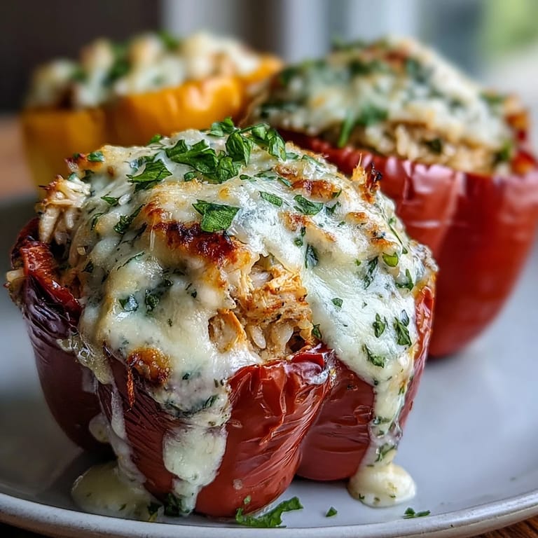 Golden Garlic Parmesan Chicken Stuffed Peppers on a white plate, garnished with fresh parsley.