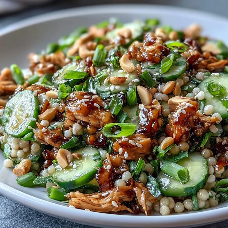 Tender shredded rotisserie chicken, crisp cucumber slices, and scallions are ready for Asian Sesame Chicken Couscous Salad.