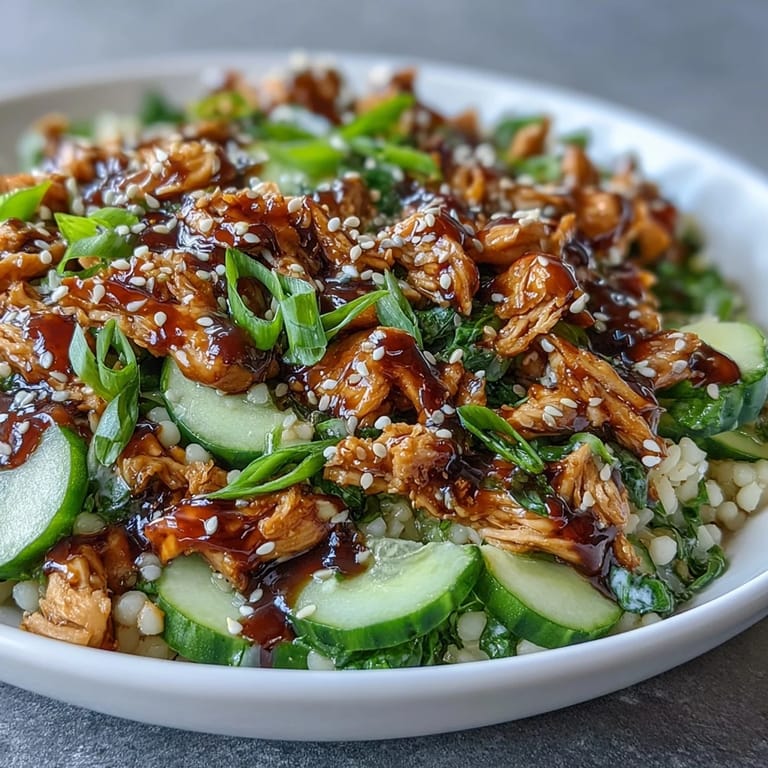 A glossy sesame-soy dressing with ginger, garlic, and honey is drizzled over Asian Sesame Chicken Couscous Salad.
