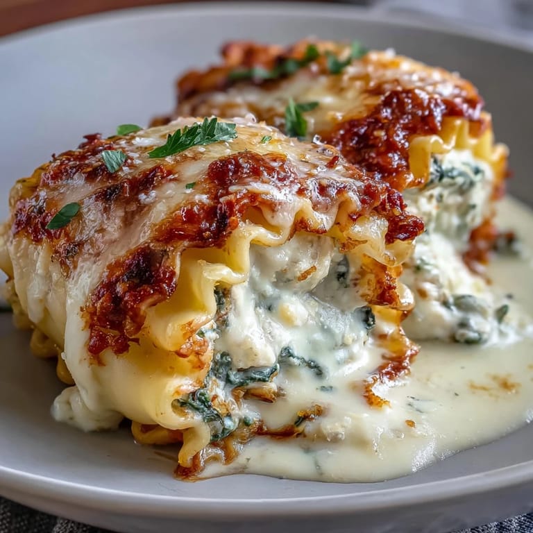 Golden Garlic Butter Lasagna Roll-Ups bake in a dish, bubbling with mozzarella and fresh parsley topping.