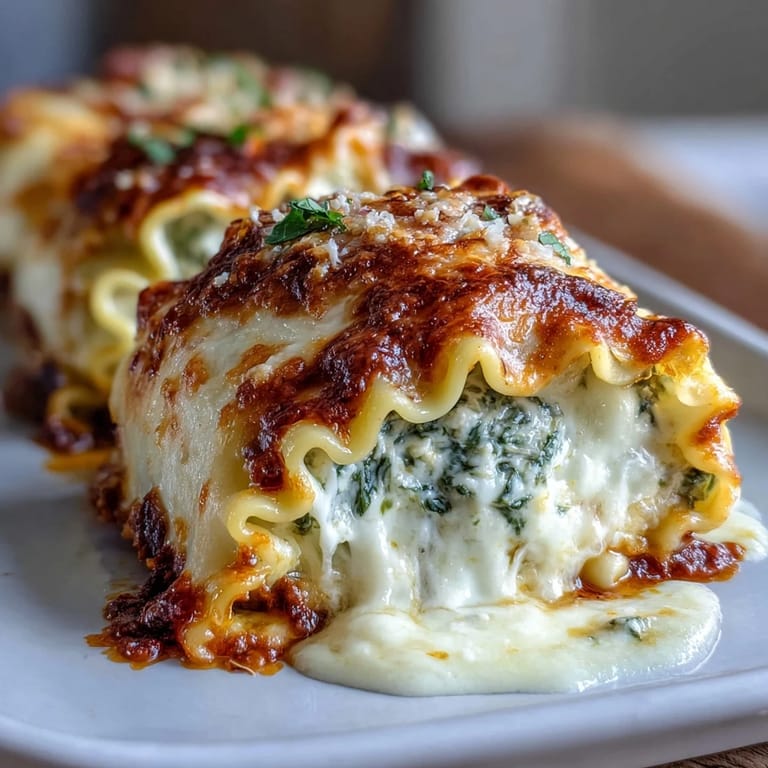 A serving of Garlic Butter Lasagna Roll-Ups with spinach and ricotta on a white plate near a salad.