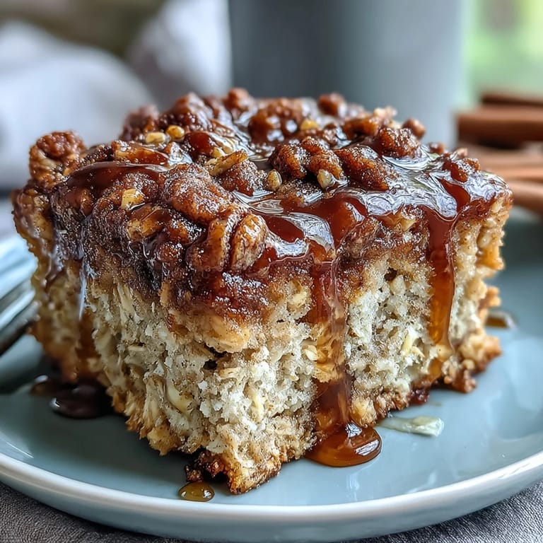 Freshly baked High-Protein Cinnamon Swirl Coffee Cake Oats with a golden crumble topping and marbled center.