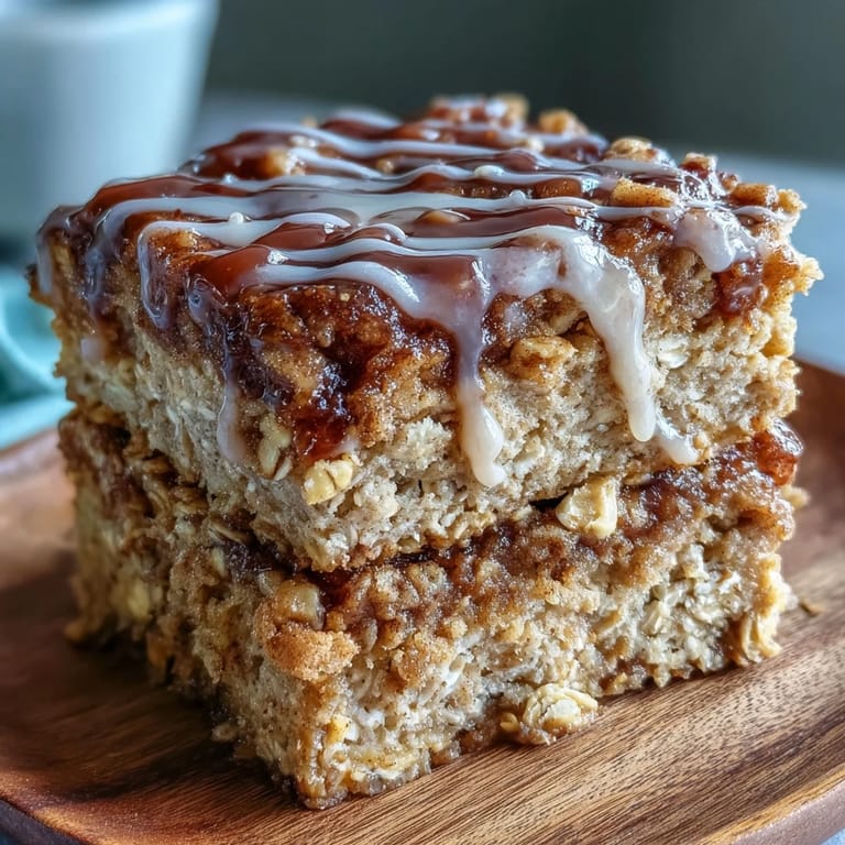 A square serving of High-Protein Cinnamon Swirl Coffee Cake Oats on a plate, fork ready for a nutritious breakfast.