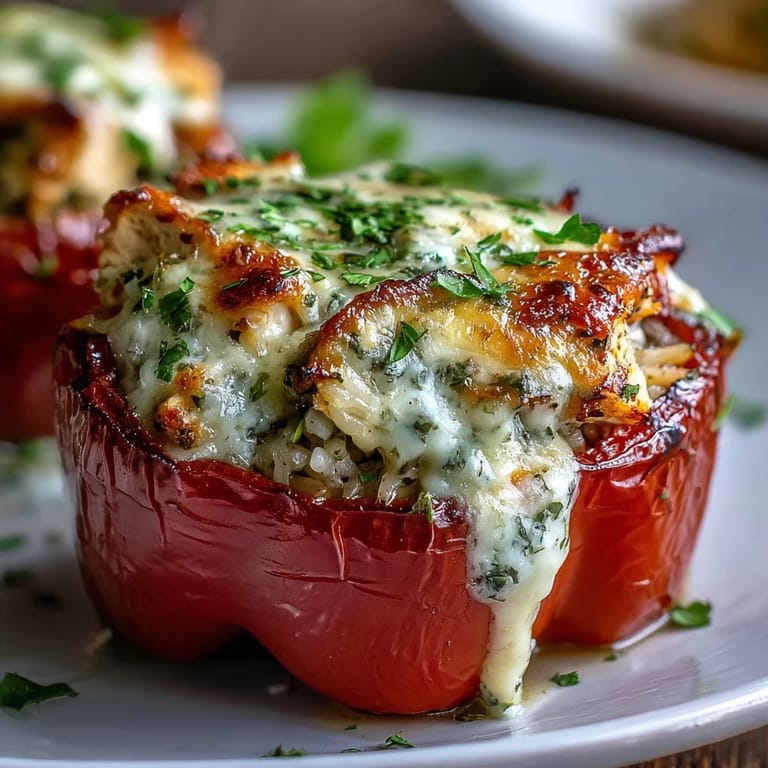 Close-up of Garlic Parmesan Chicken Stuffed Peppers in a baking dish, showing bubbly cheese and tender peppers alongside rice.