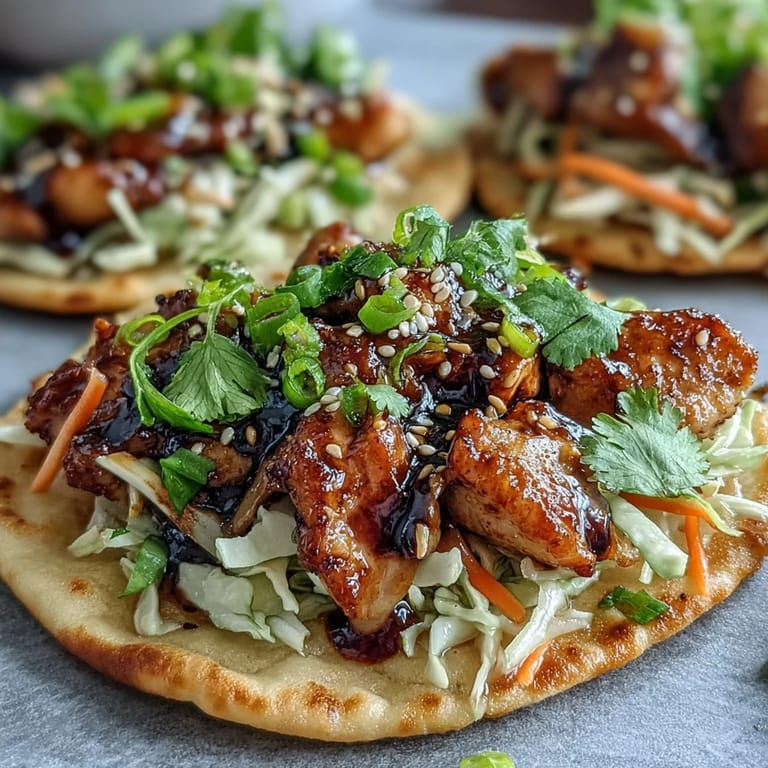 Golden chicken glazed in honey garlic sauce fills soft naan bread for a fusion taco.