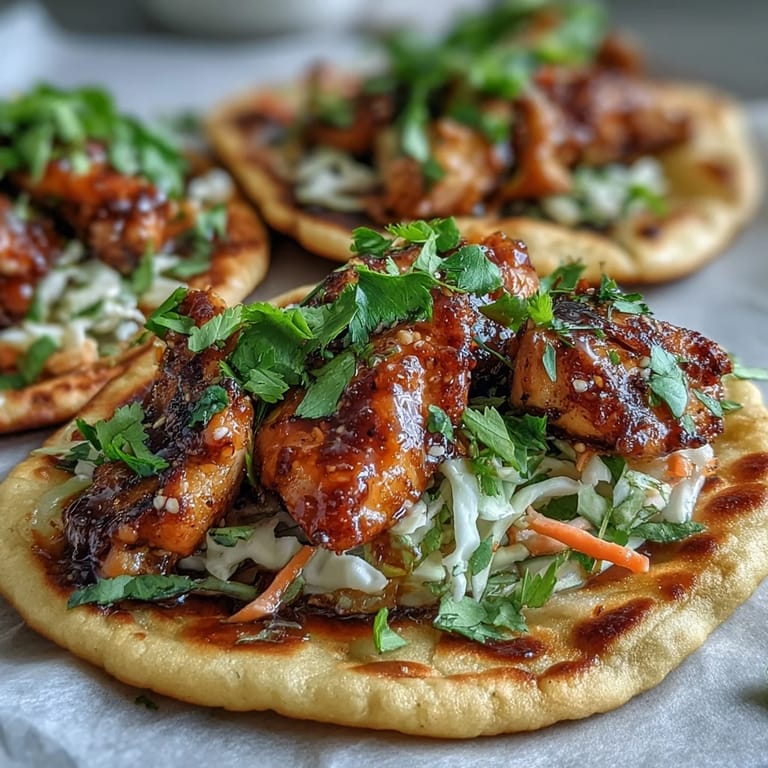 Assembled Honey Garlic Naan Chicken Tacos garnished with lime wedges on a rustic wooden table.