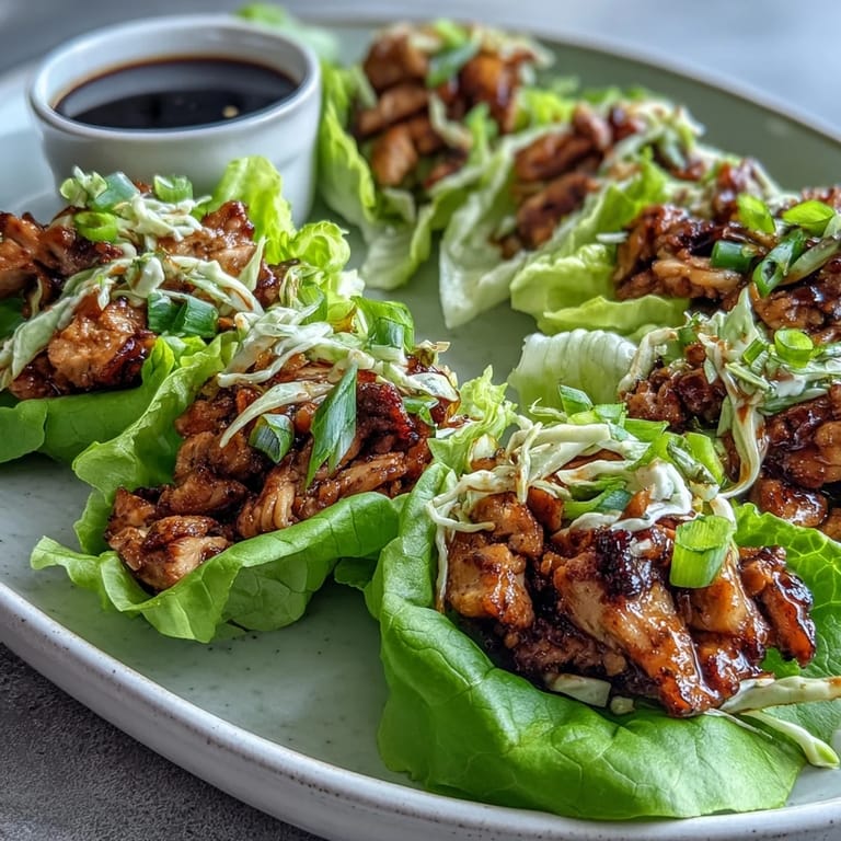 A close-up of Potsticker-Inspired Chicken Lettuce Boats with juicy, caramelized chicken filling and a small bowl of dipping sauce nearby.
