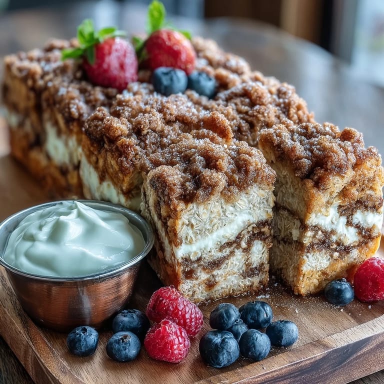 A square slice of High-Protein Cinnamon Swirl Coffee Cake Oats on a plate with fresh berries nearby.
