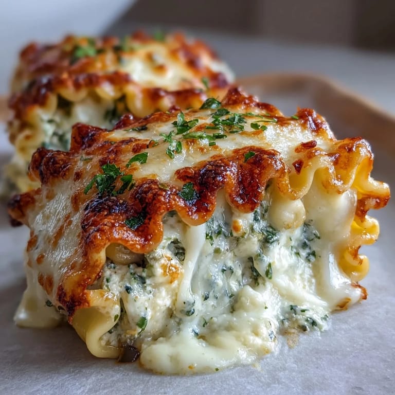 Close-up of Garlic Butter Lasagna Roll-Ups with melted cheese topping and glistening garlic butter drizzle.