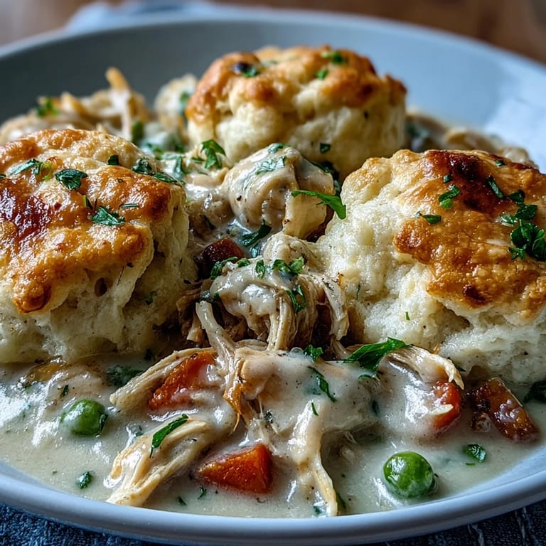 Close-up of Slow Cooker Ranch Chicken & Dumplings, revealing creamy stew with peas and herbs topped with fluffy homemade biscuits.