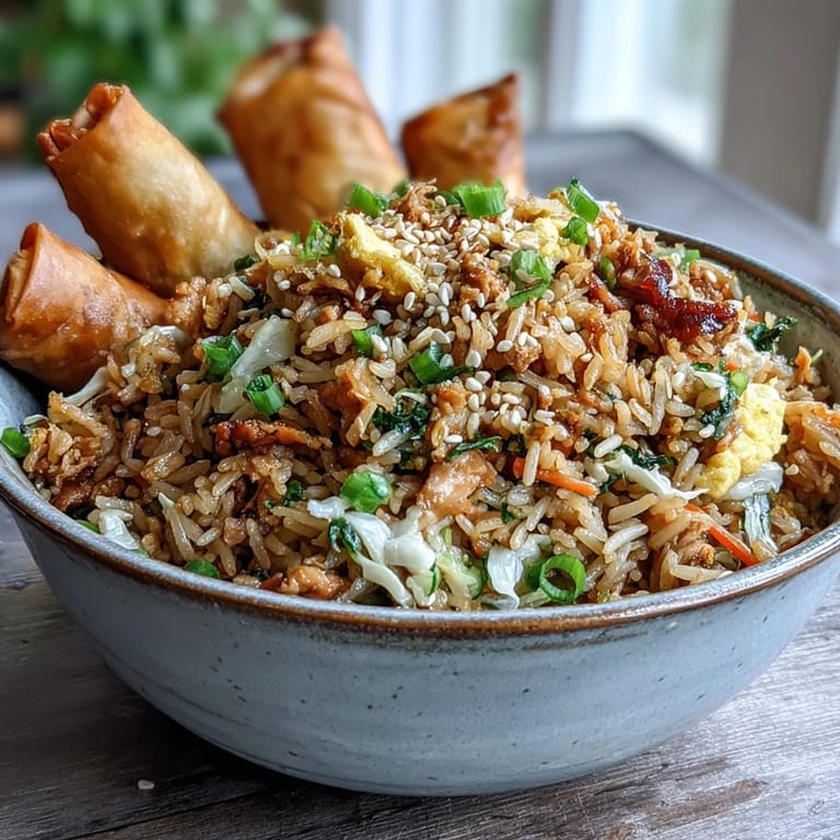 Steam rises from a skillet of Crispy Chicken Fried Rice with Egg Roll Flavors, packed with julienned carrots, cabbage, and scrambled eggs.