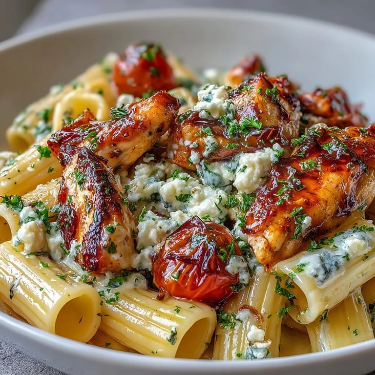 A close-up of Roasted Garlic & Feta Chicken Pasta shows blistered cherry tomatoes and tender chicken pieces in a light, savory sauce.