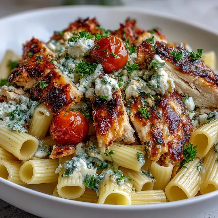 Served warm, Roasted Garlic & Feta Chicken Pasta features bright herbs and melted feta over noodles, perfect for a comforting weeknight dinner.