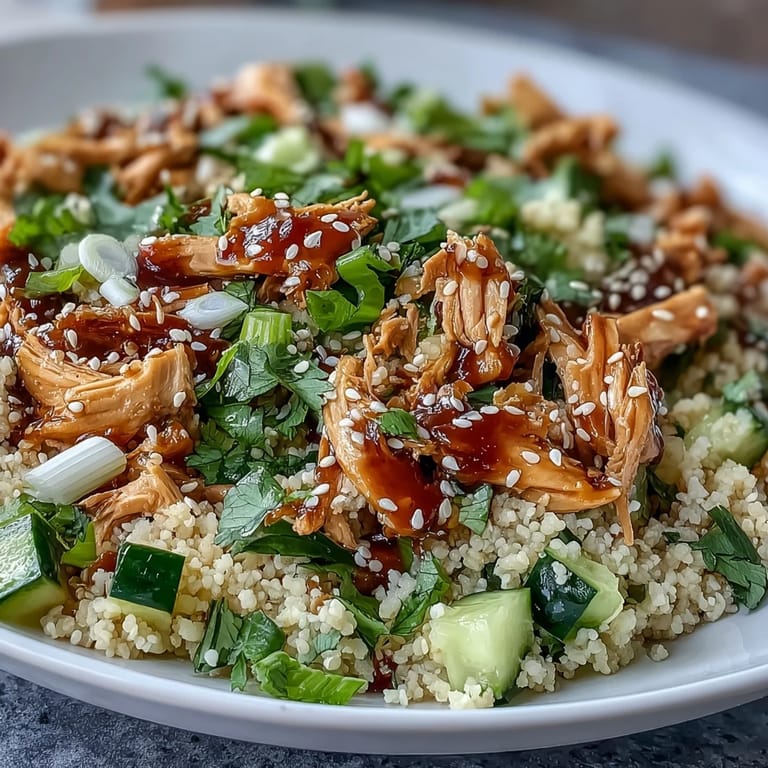 Bright mint and fresh cilantro garnish the colorful Asian Sesame Chicken Couscous Salad, with toasted sesame seeds scattered over the savory, tangy, Asian-inspired main dish.