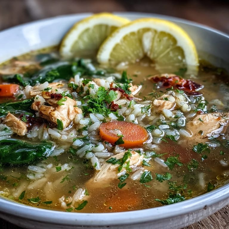 A close-up of One-Pot Lemon Chicken Rice Soup with fresh parsley garnish and lemon slices on the side.  
