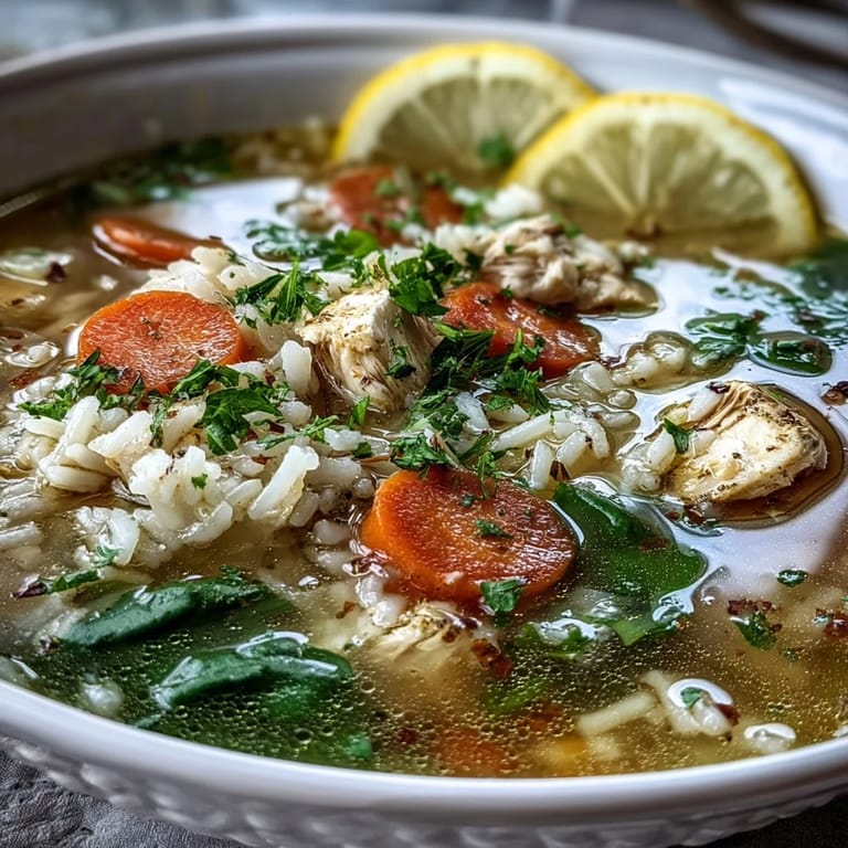 A rustic pot of One-Pot Lemon Chicken Rice Soup, showcasing colorful veggies and a zesty lemon aroma.