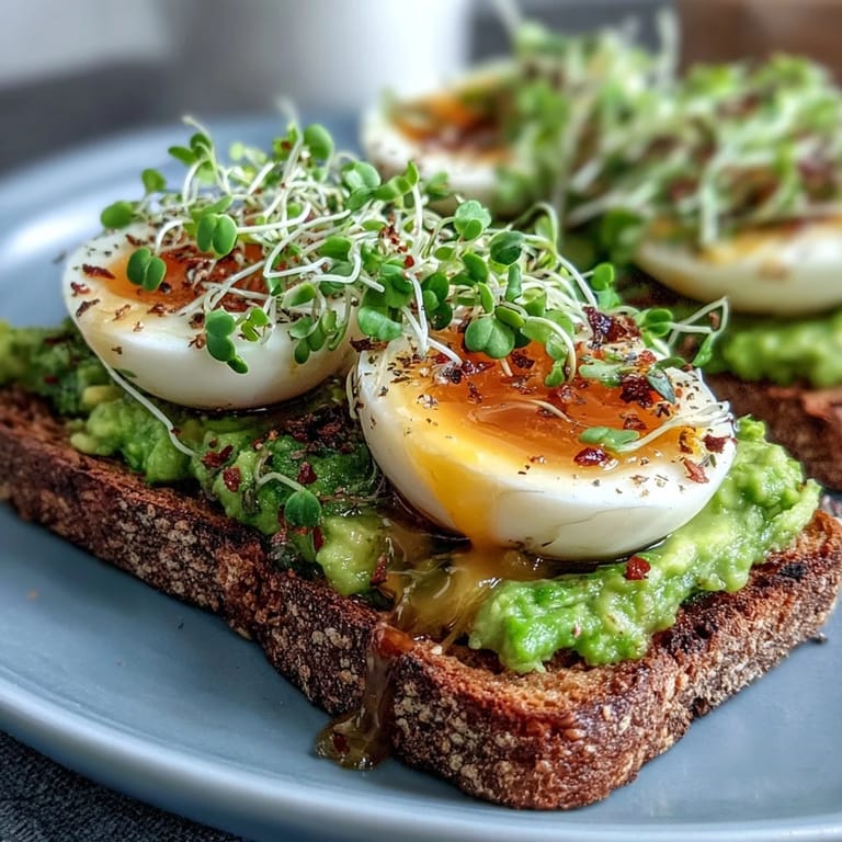 Healthy avocado toast featuring soft-boiled egg, microgreens, and whole grain bread for a vibrant, clean eating breakfast.