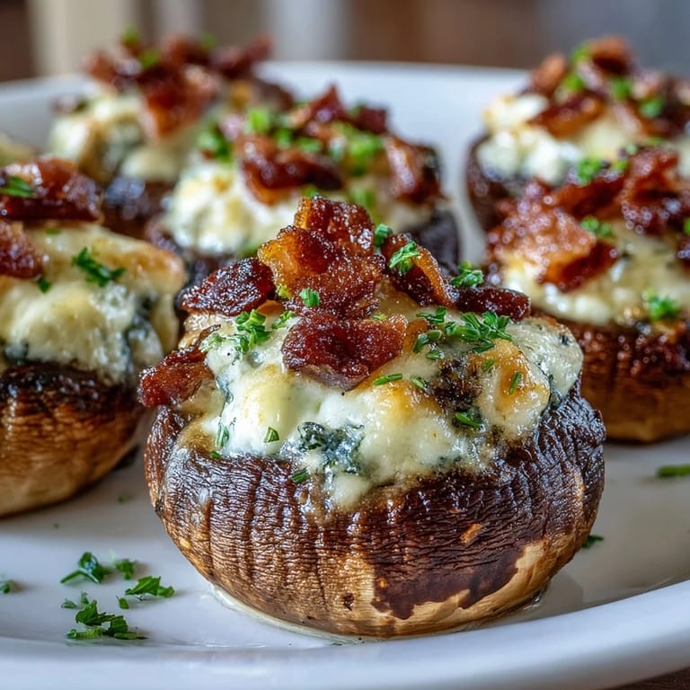 Low-carb appetizer of tender mushrooms filled with a rich blend of cream cheese, cheddar, Parmesan, and crispy bacon bits.  