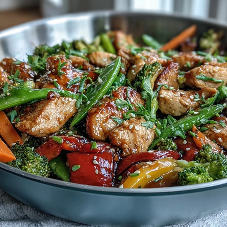 Wholesome high-protein chicken and veggie stir-fry with lean chicken, broccoli, peppers, and zucchini in a light, gluten-free Asian sauce.