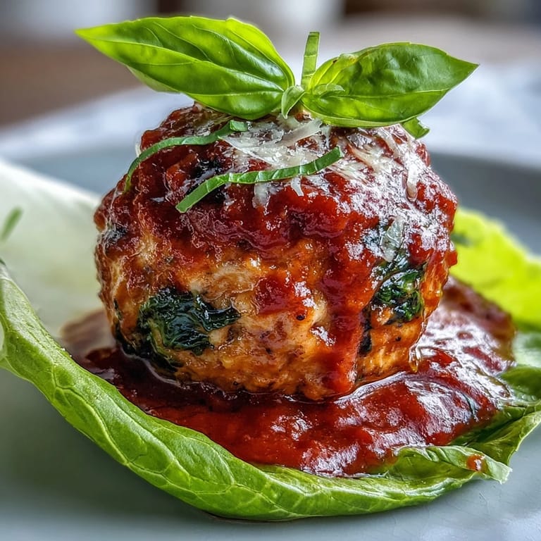 Low-carb turkey meatballs nestled in butter lettuce, paired with a zesty homemade marinara for a satisfying bite.  