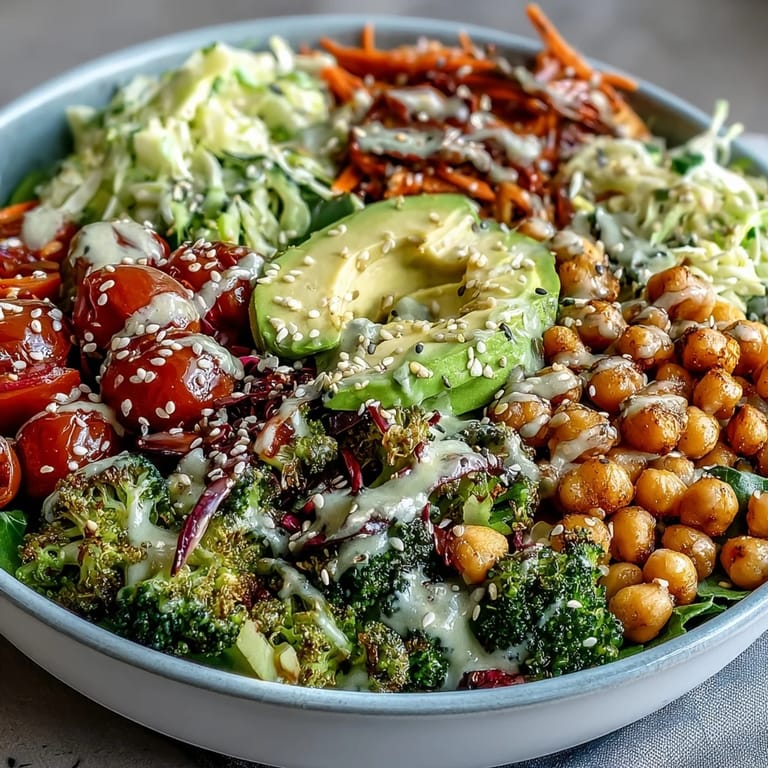 Healthy Rainbow Veggie Buddha Bowl with sesame ginger dressing, showcasing a variety of fresh produce arranged beautifully for a balanced meal.