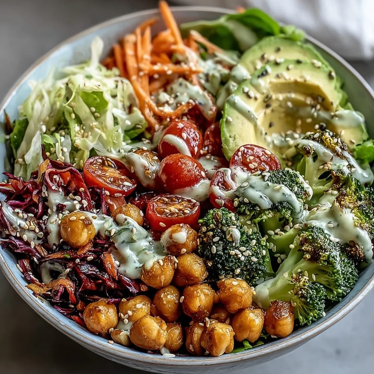 Colorful Rainbow Veggie Buddha Bowl featuring crisp vegetables, creamy avocado, and protein-rich chickpeas with sesame ginger dressing.  