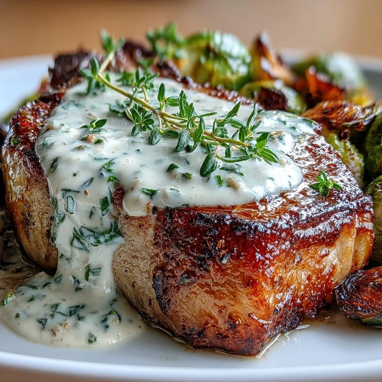 Tender pork chops seared to perfection, topped with a velvety Dijon cream sauce and served alongside caramelized Brussels sprouts in a comforting keto meal.