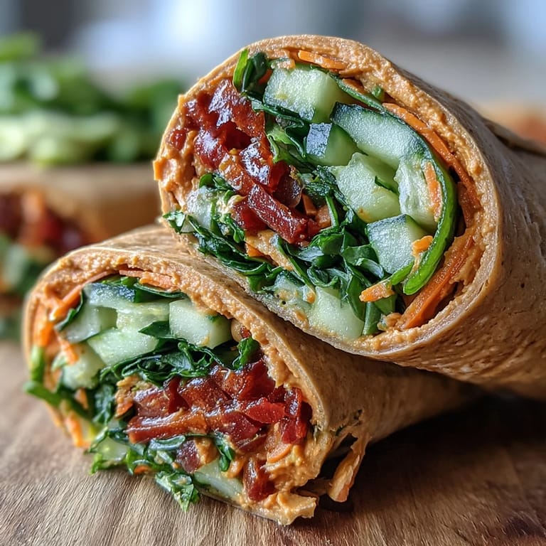 Creamy sun-dried tomato hummus spread on a tortilla, layered with colorful veggies and rolled for a vibrant, healthy lunch.