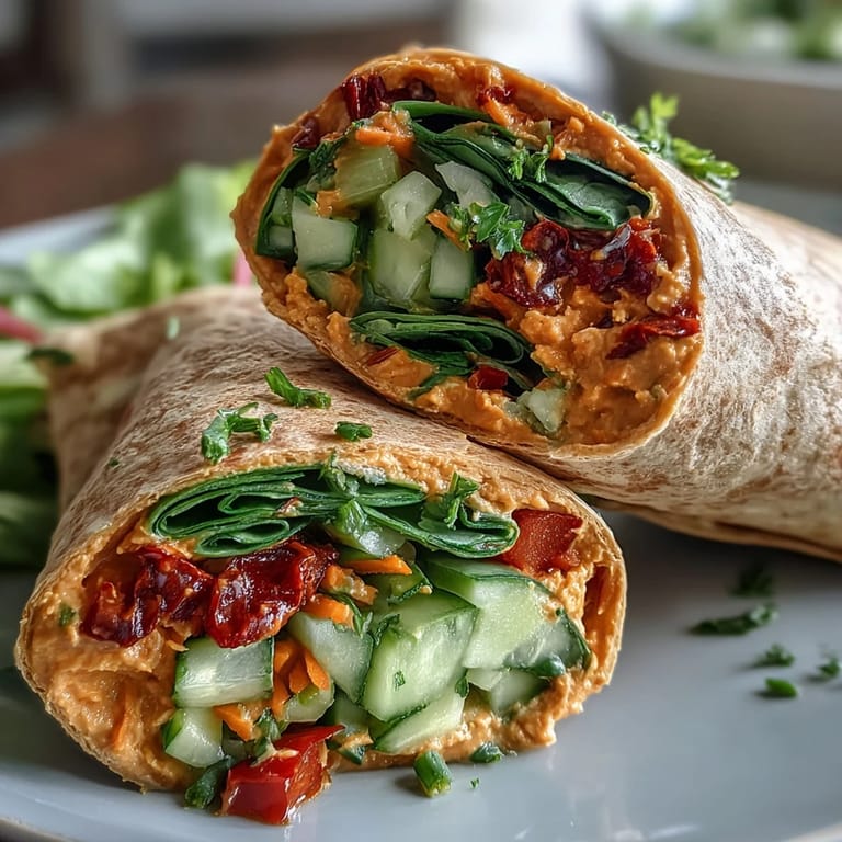 Wholesome vegan wraps featuring sun-dried tomato hummus, crisp bell peppers, shredded carrots, and parsley in a spinach tortilla.