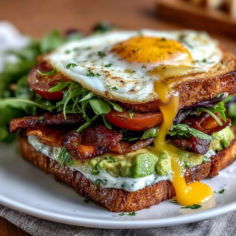 Golden sourdough topped with smashed avocado, crispy bacon, fresh tomato, greens, and a perfectly runny egg.
