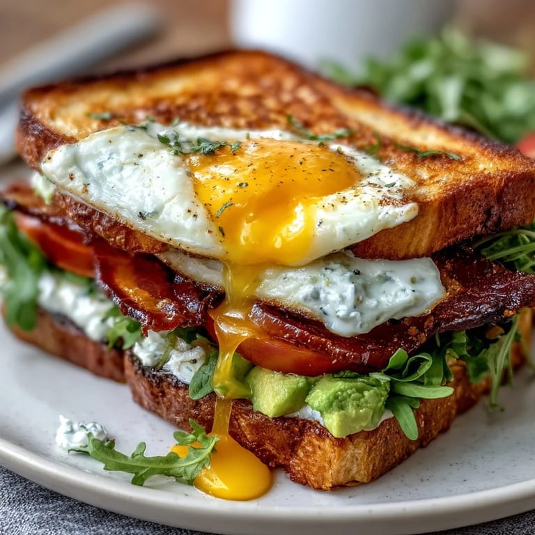 A hearty breakfast stack layered with avocado, bacon, tomato, and greens on sourdough, crowned with a sunny-side-up egg.  