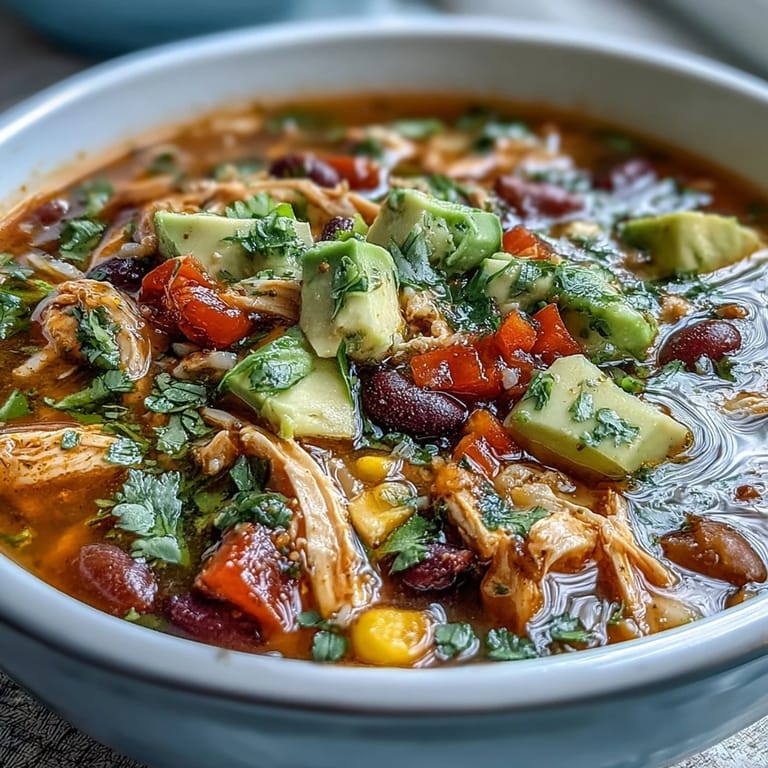 Hearty chicken taco soup packed with black beans, kidney beans, and vibrant bell peppers for a protein-rich meal.  