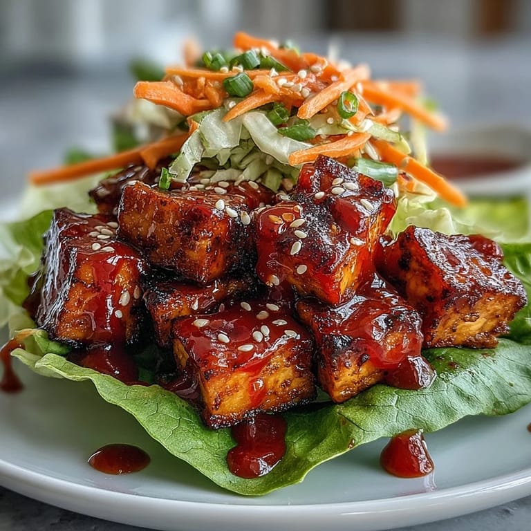 Golden pan-fried tofu glazed in sweet chili sauce, served in cool lettuce leaves with a crunchy red cabbage and carrot slaw. A fresh, gluten-free vegan dish perfect for sharing.