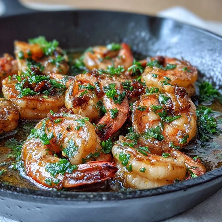 Succulent prawns cooked in a rich garlic butter sauce, finished with lemon zest and parsley for a bright, savory flavor.  