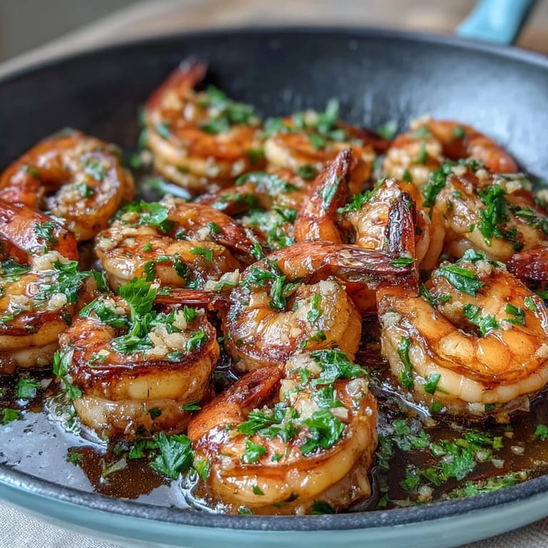Aromatic Garlic Butter Prawns served hot, with tender shrimp coated in buttery sauce and garnished with fresh herbs and citrus.