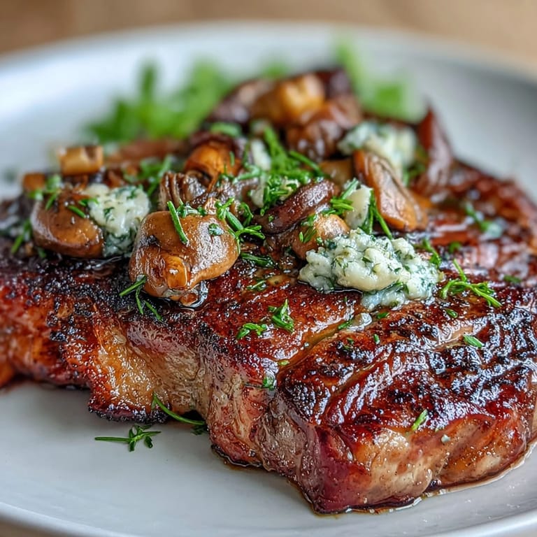 A perfectly seared steak crowned with earthy wild mushrooms and aromatic garlic butter for a gourmet dinner.  
