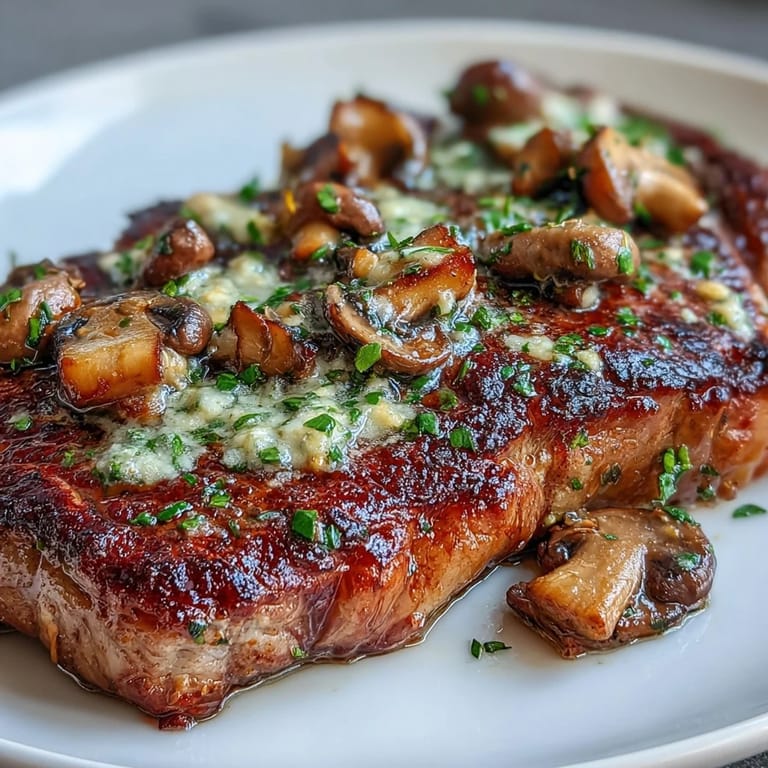 Tender steak with a decadent wild mushroom and garlic butter crust, ideal for a special meal or date night.