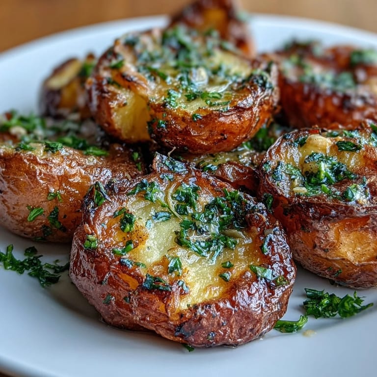 Buttery Yukon Gold potatoes smashed and baked with roasted garlic, fresh herbs, and olive oil drizzle.