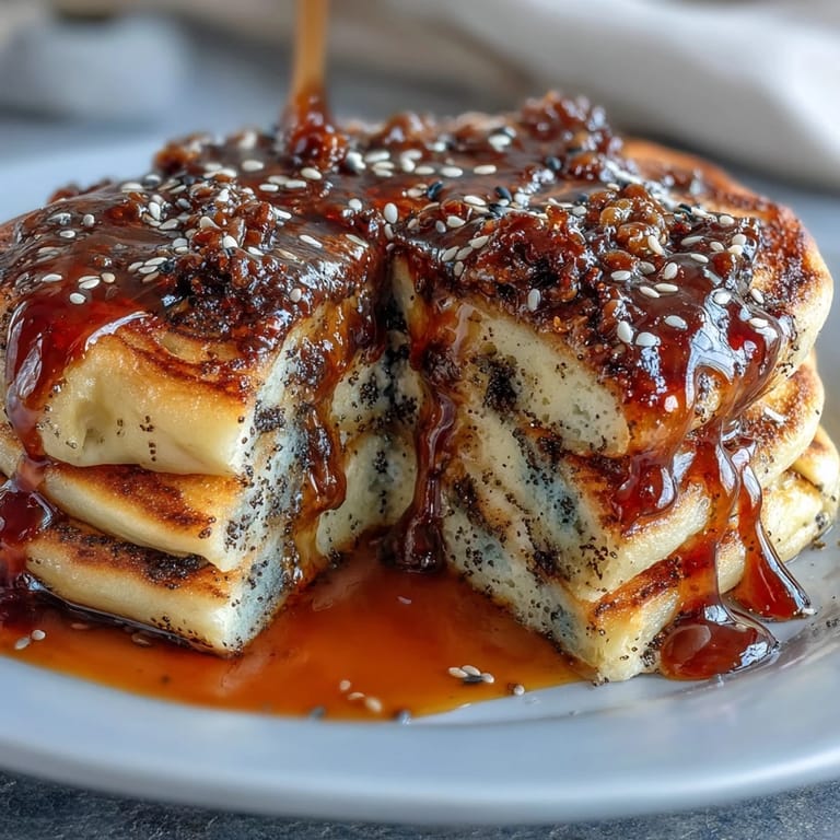 Golden-brown pancakes swirled with black sesame paste, topped with whipped cream and a sprinkle of toasted seeds.