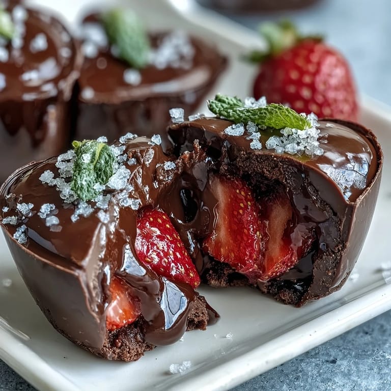 Break open this Valentine's Day chocolate heart to reveal a surprise filling of fresh, vibrant strawberries inside.