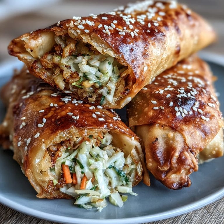 Crispy air fryer egg rolls packed with fresh julienned vegetables and savory soy-sesame seasoning, paired with a tangy homemade soy ginger glaze in a small dipping bowl.
