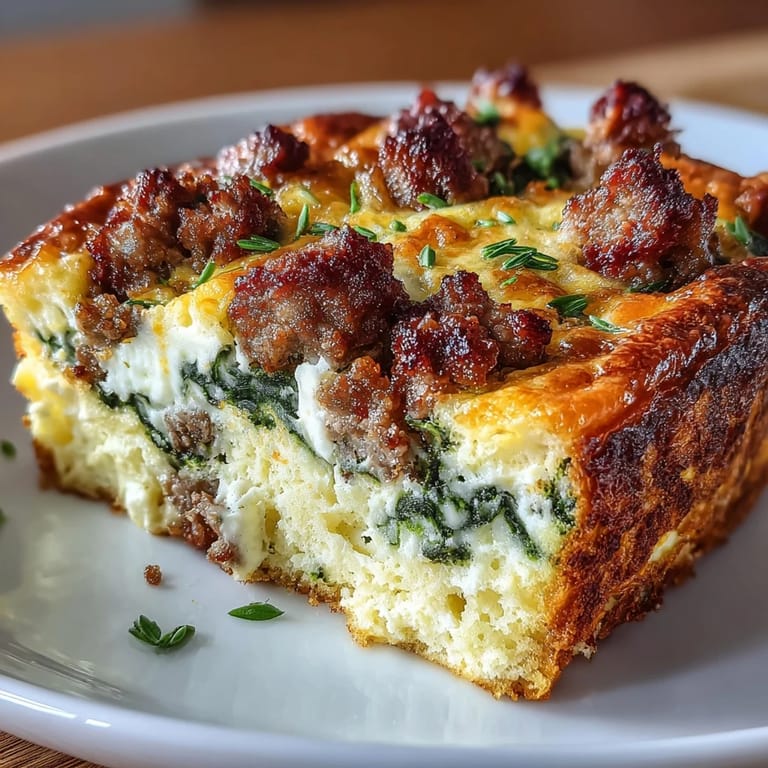 Fluffy egg bake loaded with savory sausage, fresh spinach, and melted cheddar for a low-carb morning meal.