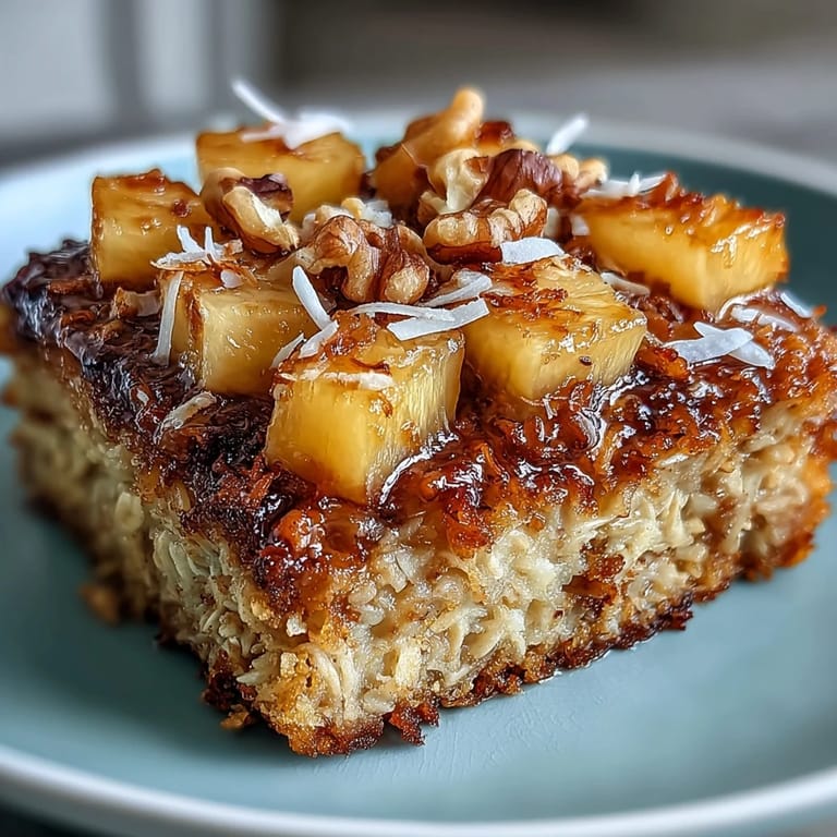 Warm and fragrant vegan tropical oatmeal bake, studded with juicy pineapple chunks and sliced banana, served in a white dish.