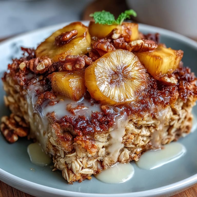 Hearty vegan tropical oatmeal bake with pineapple, coconut, and walnuts, baked until golden and garnished with coconut flakes.