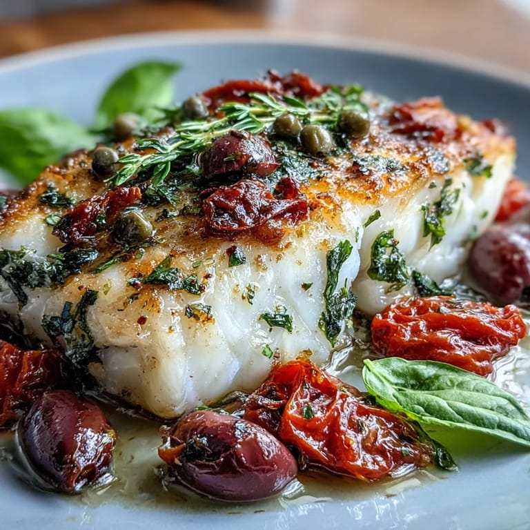 Juicy cherry tomatoes, briny Kalamata olives, and fragrant herbs baked over tender cod fillets for a vibrant Mediterranean dinner.  
