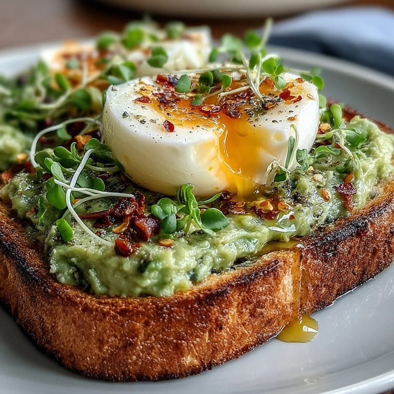 Creamy avocado mash spread over toasted sourdough, topped with a halved soft-boiled egg, fresh microgreens, and a hint of chili flakes for a vibrant open-faced toast.  