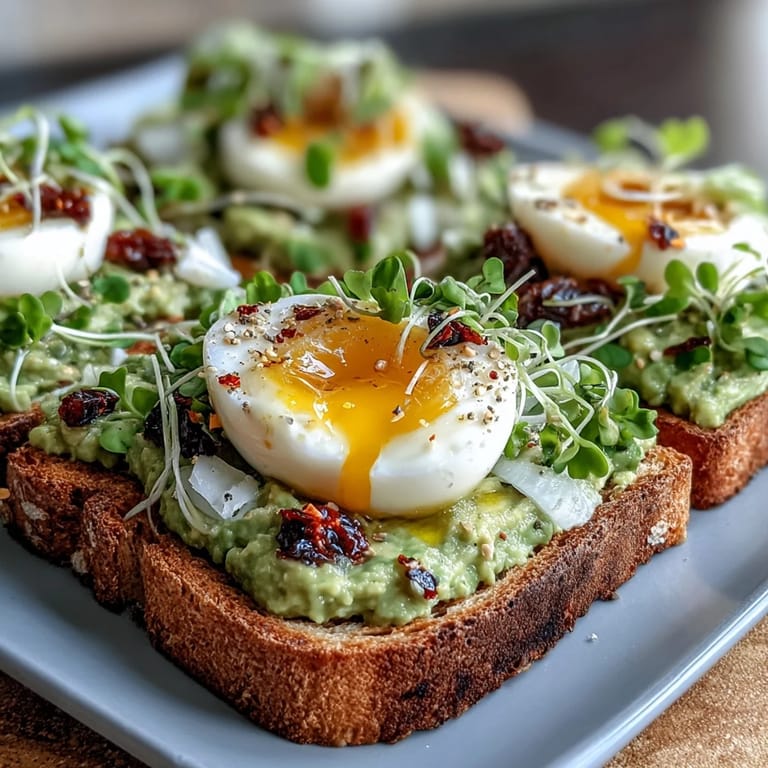 Wholesome avocado egg toast layered with microgreens and chili flakes, served on crusty bread with a soft-boiled egg for a nourishing light meal.