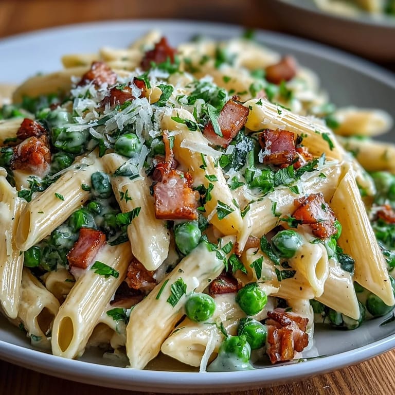 Comforting one-pot leek, pea, and ham pasta, featuring sautéed leeks, sweet peas, and diced ham in a creamy Parmesan sauce.