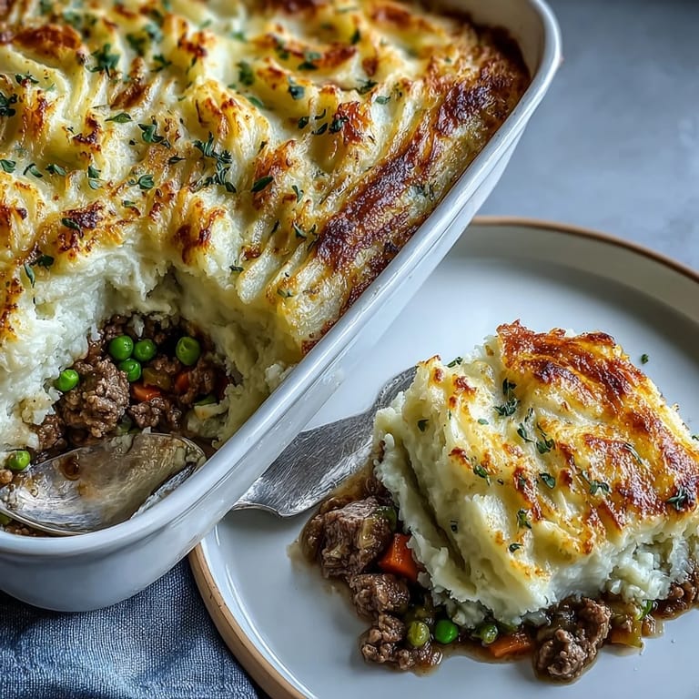 Golden-baked shepherds pie featuring tender ground beef and peas, crowned with a smooth, buttery cauliflower mash for a lighter twist.