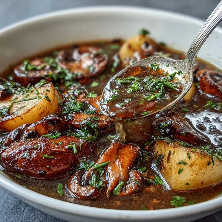 Comforting Guinness-free Irish stew featuring mushroom meat and seasonal vegetables, ideal for cozy dinners.